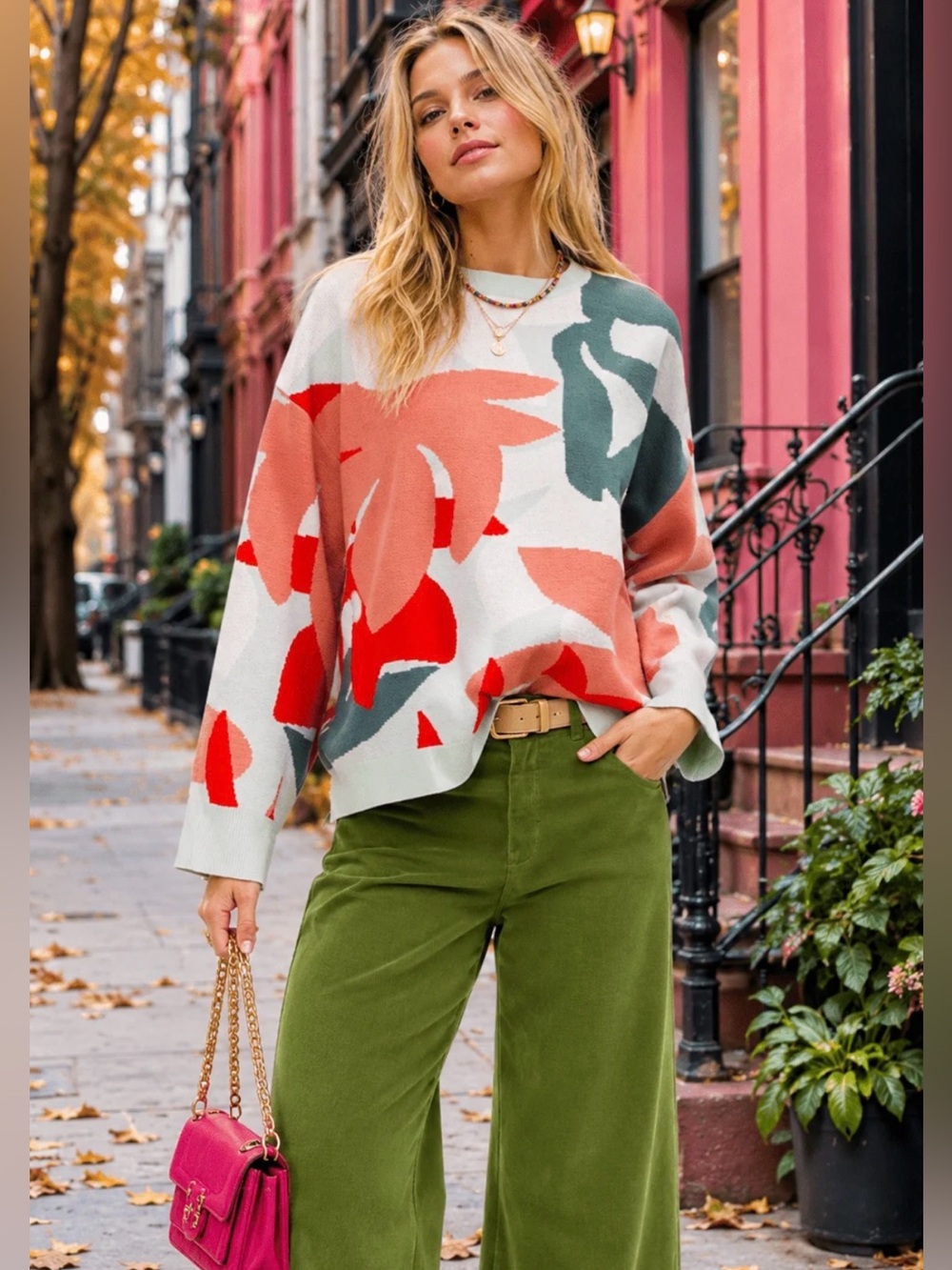 B810. Stylish Abstract Floral Crewneck Sweater in Multi-Color